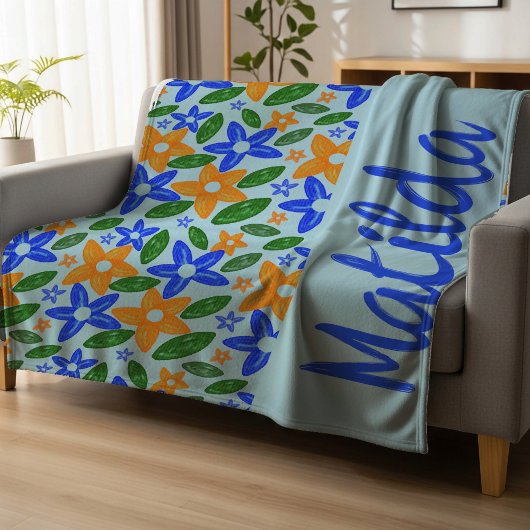 Personalisiertes Retro Blau & Orange Floral  Fleecedecke