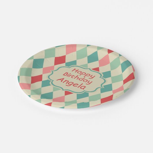 Personalisiertes Retro Harlequin Geometric Muster Pappteller (Schrägansicht)