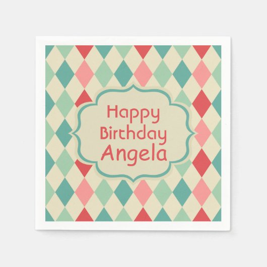 Personalisiertes Retro Harlequin Geometric Muster Serviette (Vorderseite)
