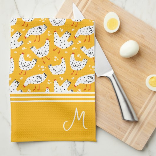 Personalisiertes Retro-Hühnchen-Monogramm Geschirrtuch (Viertel Falte)