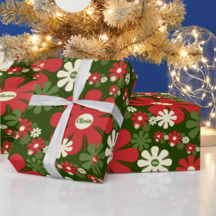 Personalisiertes Retro-Weihnachten 60er 70er Flora Geschenkpapier
