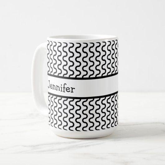 Personalisiertes Retro-Wellenmuster in Weiß und Sc Kaffeetasse (Vorderseite Links)