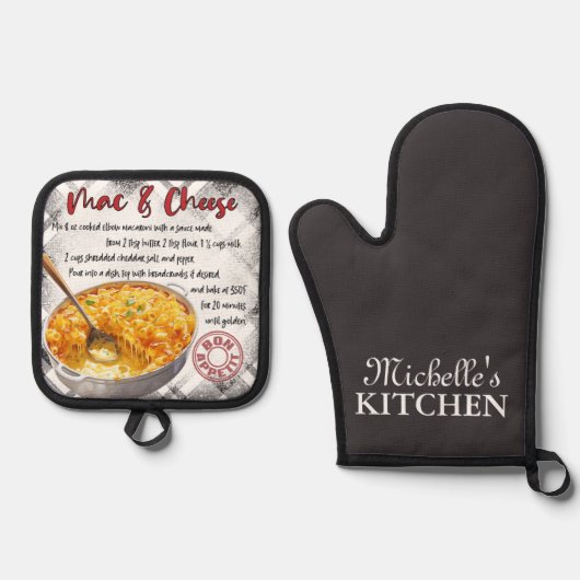 Personalisiertes Rezept für Mac und Käse Ofenhandschuh & Topflappen-Set (Vorderseite)