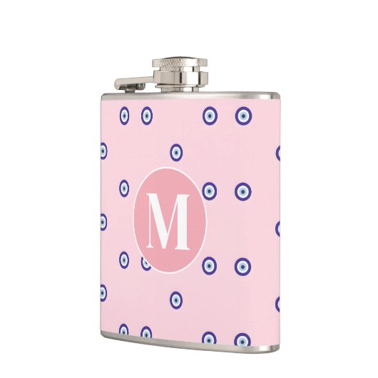 Personalisiertes Rosa Böser Blick Muster Monogramm Flachmann (Links)
