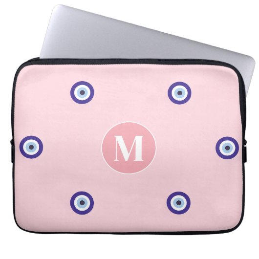 Personalisiertes Rosa Böser Blick Muster Monogramm Laptopschutzhülle (Vorderseite)