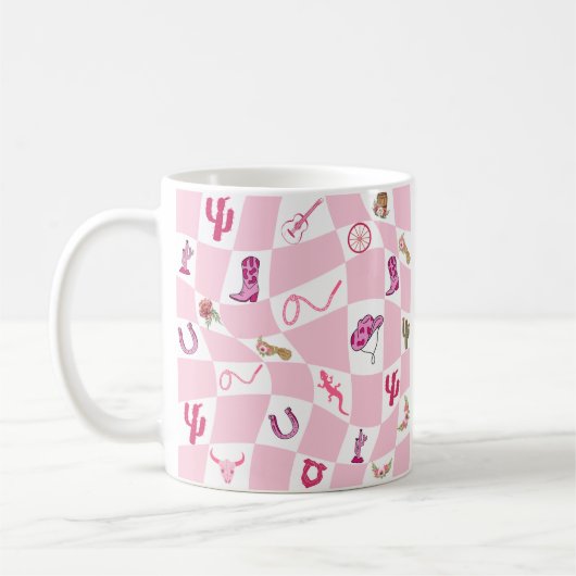 Personalisiertes rosa Cowgirl Schachbrettmuster Kaffeetasse (Links)
