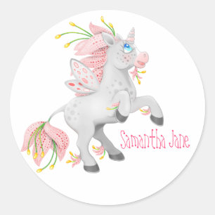 Personalisiertes Rosa-Feen-Blumen-Einhorn Runder Aufkleber