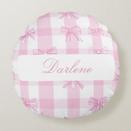 Personalisiertes rosa Gingham-Band Rundes Kissen