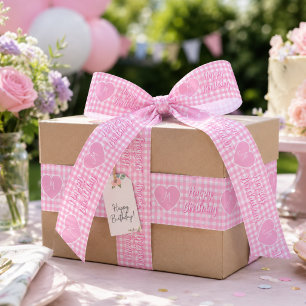 Personalisiertes rosa Gingham-Herz-Geburtstagsmono Satinband