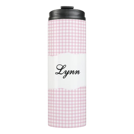 Personalisiertes Rosa Gingham-Muster Thermosbecher (Vorderseite)