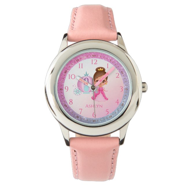 Personalisiertes Rosa Glitzer Princess Learning Armbanduhr (Vorderseite)