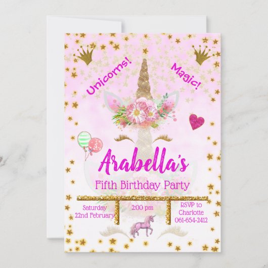 Personalisiertes Rosa, Goldstars Einhorn Geburtsta Einladung (Vorderseite)