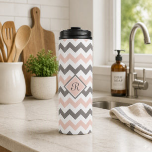 Personalisiertes Rosa & Grau Chevron Thermosbecher