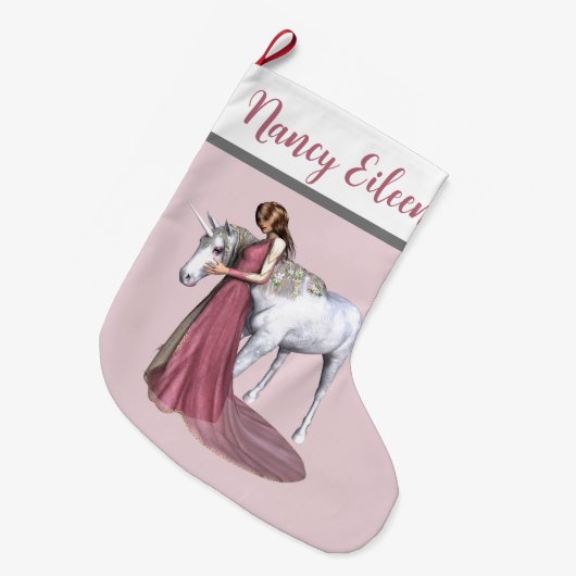 Personalisiertes Rosa & Grau Magisches Einhorn & M Großer Weihnachtsstrumpf (Vorderansicht (hängend))