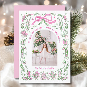 Personalisiertes rosa-grünes Weihnachtsfamilienfot Feiertagskarte