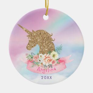 Personalisiertes Rosa & Kunstgold Glitter Einhorn Keramik Ornament