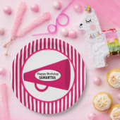 Personalisiertes rosa Megaphon und rosa Streifen Pappteller (Party)