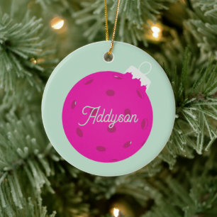 Personalisiertes Rosa-Mintgrün-Pickleball-Weihnach Keramik Ornament