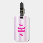 Personalisiertes Rosa Preppy-Monogramm-Gestreiftes Gepäckanhänger (Vorderseite vertikal)