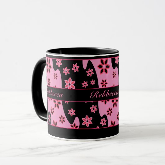 Personalisiertes rosa schwarzes rotes Blumenmuster Tasse (Vorderseite Links)