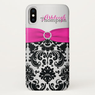 Personalisiertes rosa, schwarzes, silbernes Damast iPhone X Hülle