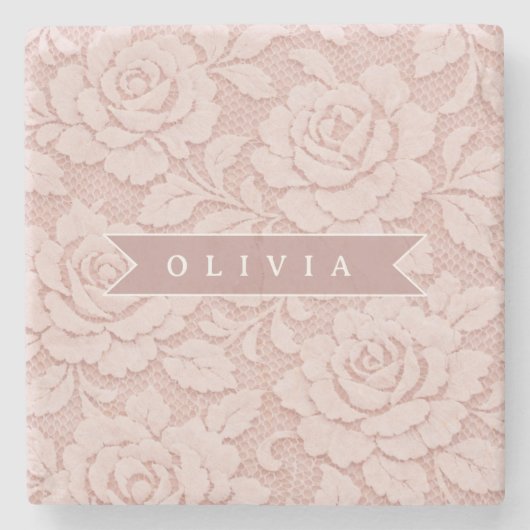 Personalisiertes Rosa Spitze Blumen Romantisch Steinuntersetzer (Vorderseite)