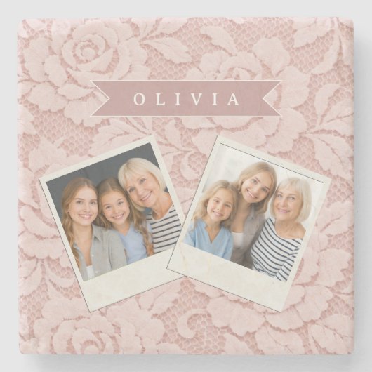 Personalisiertes Rosa Spitze Blumen Romantisch Steinuntersetzer (Vorderseite)
