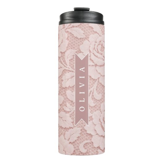 Personalisiertes Rosa Spitze Blumen Romantisch Thermosbecher (Vorderseite)