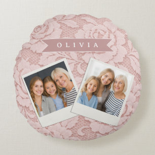 Personalisiertes Rosa Spitze Floral Romantisch Rundes Kissen