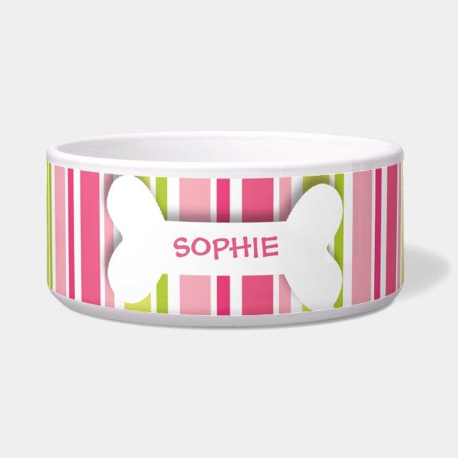 Personalisiertes Rosa stripes Hundeknochen-Nahrung Napf (Vorderseite)