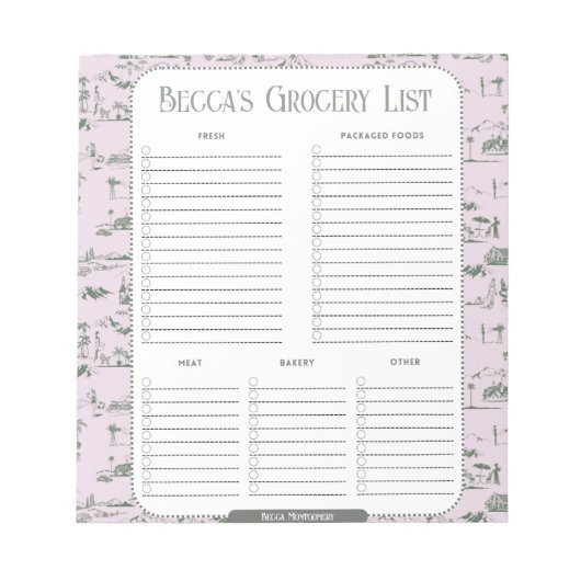 Personalisiertes rosa Toile-Lebensmittelsortiment Notizblock (Vorderseite)