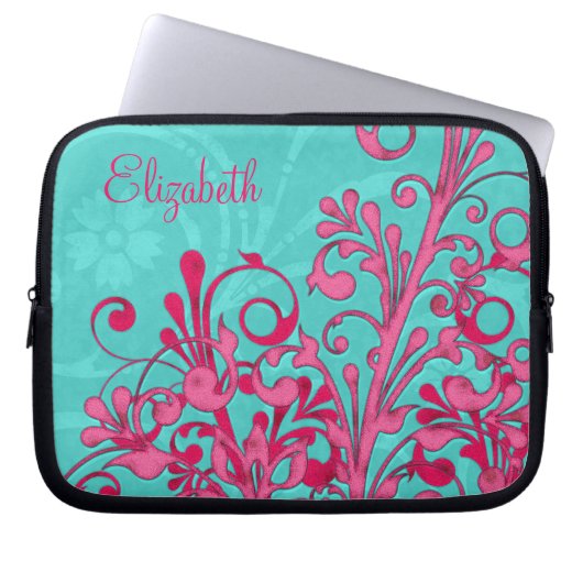 Personalisiertes Rosa und Aqua Floral Laptop-Sieb Laptopschutzhülle (Vorderseite)