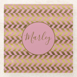 Personalisiertes Rosa und Goldherringbone Glasuntersetzer