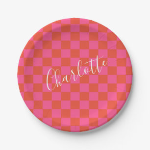 Personalisiertes rosa und orangefarbenes Schachbre Pappteller