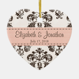 Personalisiertes Rosa und Vintage Damast-Hochzeit Keramikornament