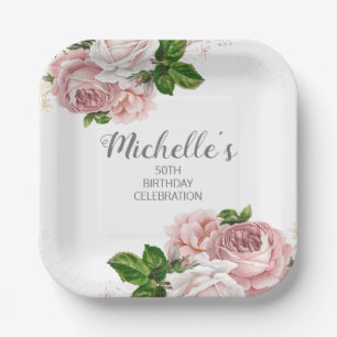 Personalisiertes Rosa Wasserfarben-Blumen-Geburtst Pappteller