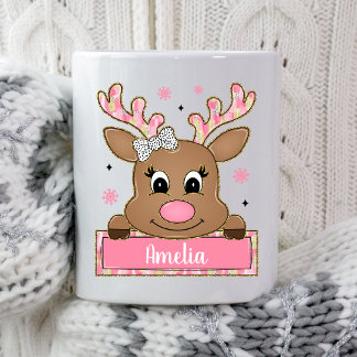 Personalisiertes rosa Weihnachtsrentier-Weihnachts Kaffeetasse