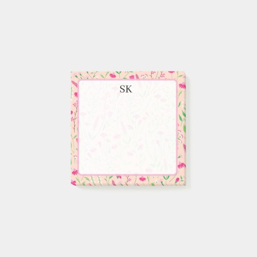 Personalisiertes rosa Wildblumen-Monogramm Post-it Klebezettel (Vorderseite)