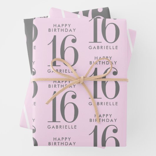 Personalisiertes rosafarbenes Alter Geschenkpapier Set (Beispiel)