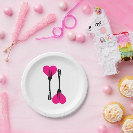 Personalisiertes rosafarbenes Herz mit Gabel-Löffe Pappteller (Party)