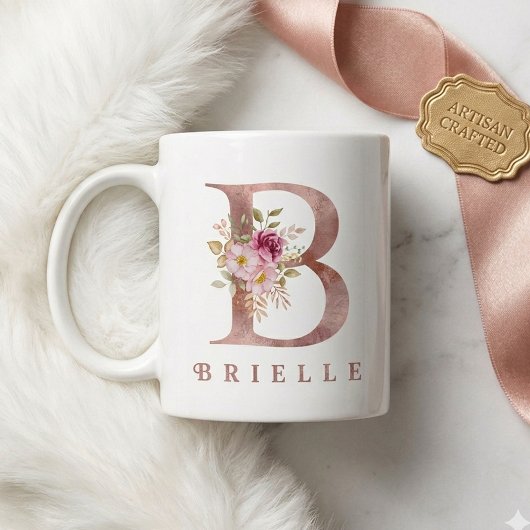 Personalisiertes Roségold-Blumen-Initial B Monogra Kaffeetasse