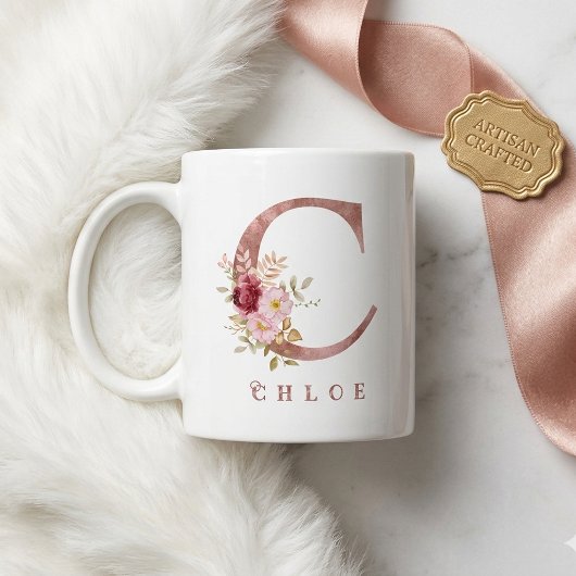 Personalisiertes Roségold-Blumen-Initial C Monogra Kaffeetasse