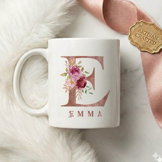 Personalisiertes Roségold-Blumen-Initial E Monogra Kaffeetasse