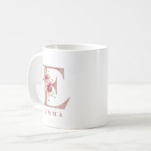 Personalisiertes Roségold-Blumen-Initial E Monogra Kaffeetasse (Vorderseite Links)
