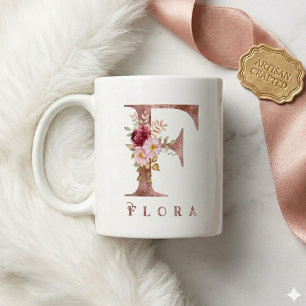 Personalisiertes Roségold-Blumen-Initial F Monogra Kaffeetasse