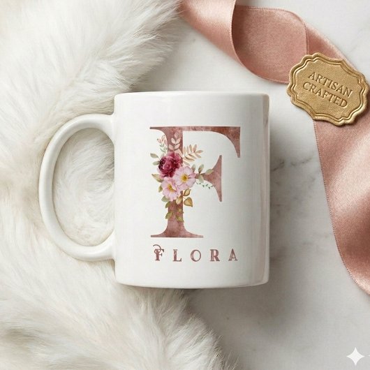 Personalisiertes Roségold-Blumen-Initial F Monogra Kaffeetasse