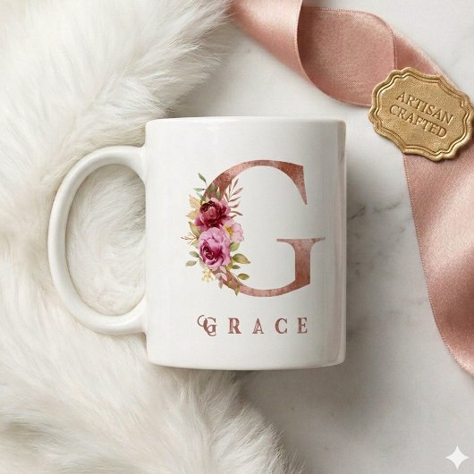 Personalisiertes Roségold-Blumen-Initial G Monogra Kaffeetasse