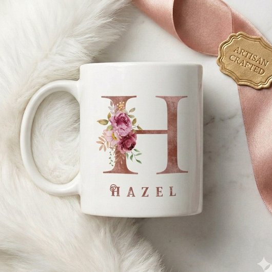 Personalisiertes Roségold-Blumen-Initial H Monogra Kaffeetasse