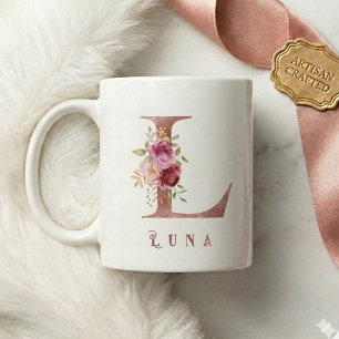 Personalisiertes Roségold-Blumen-Initial L Monogra Kaffeetasse