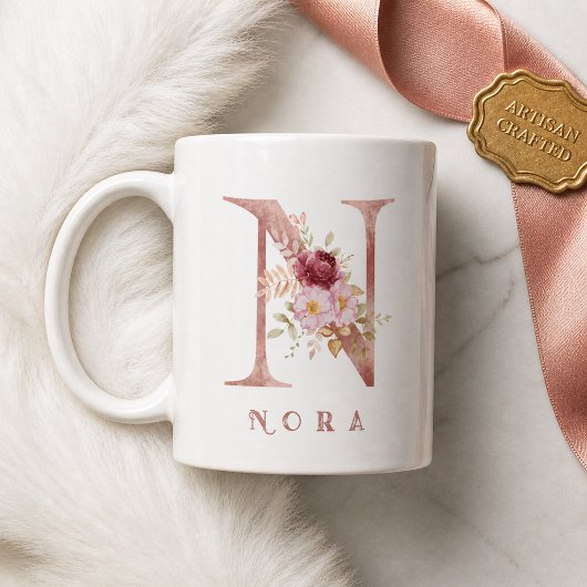 Personalisiertes Roségold-Blumen-Initial N Monogra Kaffeetasse